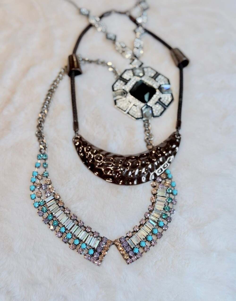 3-Piece Statement Necklace Set | Rhinestone Bib, Bronze Collar & Art Deco Pendan